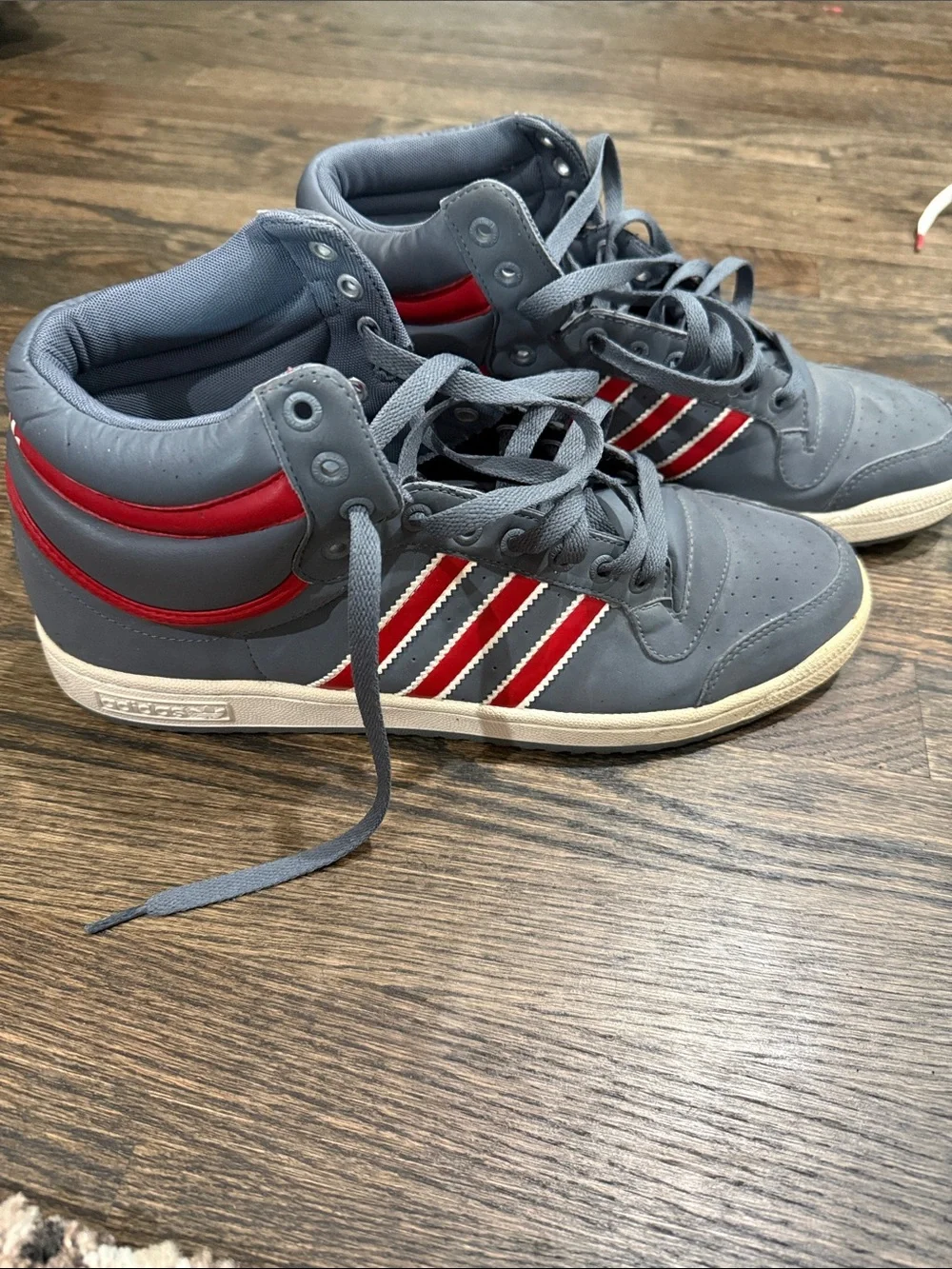 adidas Men’s Grey High-Top Sneakers with Red Stripes